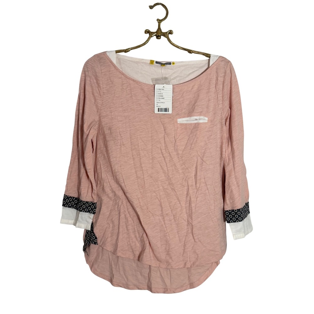 Anthropologie Little Yellow Button Peach Cotton Slub 3/4 Sleeve Top Medium NEW
